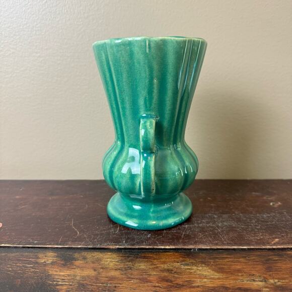 Vintage 40s 50s 60s McCoy Green Blue Turquoise Teal Double Handle Urn Vase - Picture 2 of 9
